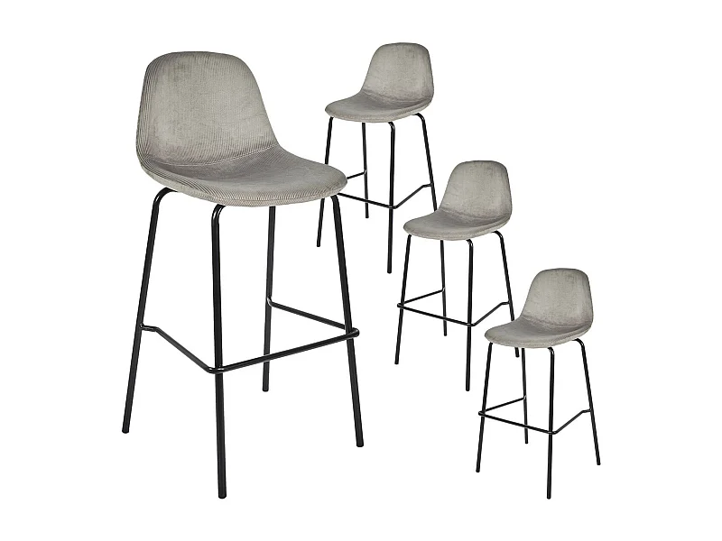 KONAE - Lot de 4 Tabourets de Bar en Velours Côtelé Gris