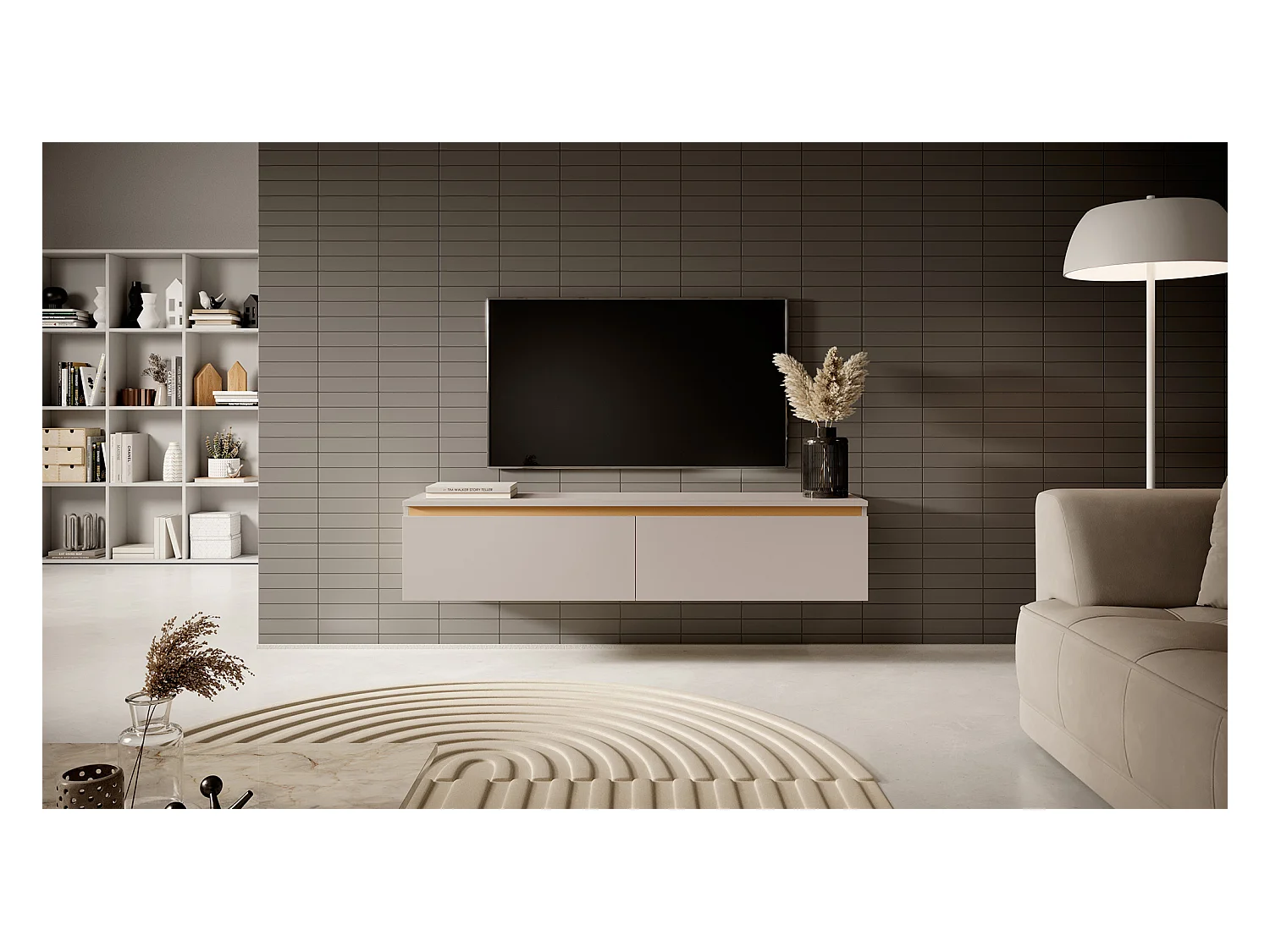Meuble TV - 140 cm - taupe (gris-beige) avec garniture dorée - Seney