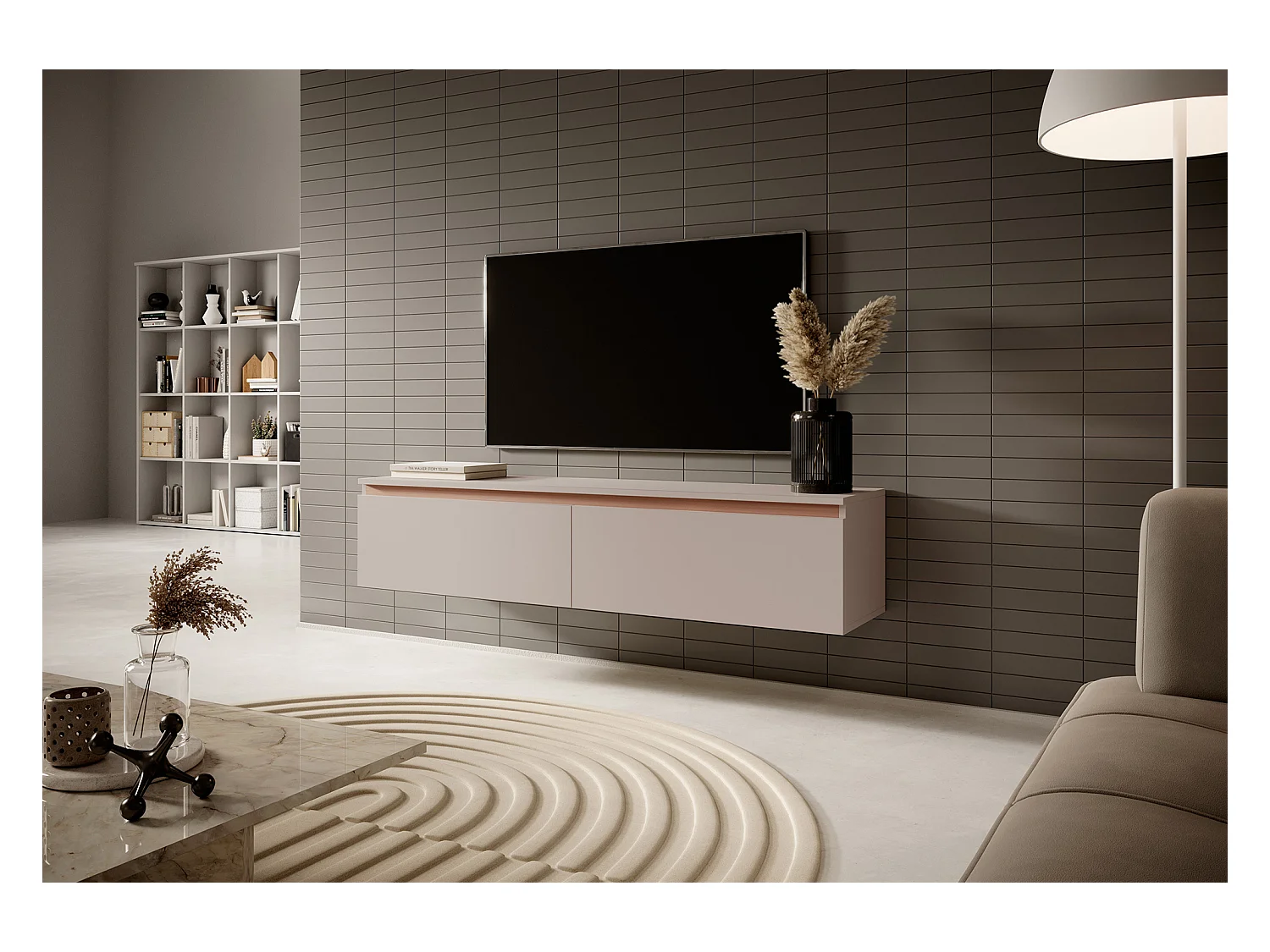Meuble TV - 140 cm - taupe (gris-beige) avec garniture dorée - Seney