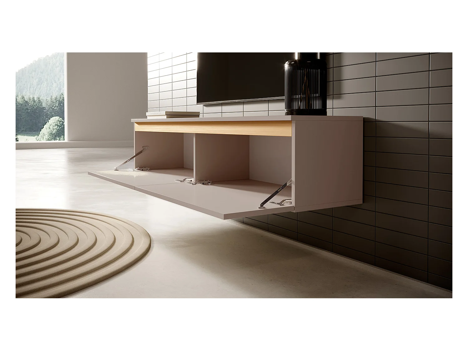 Meuble TV - 140 cm - taupe (gris-beige) avec garniture dorée - Seney