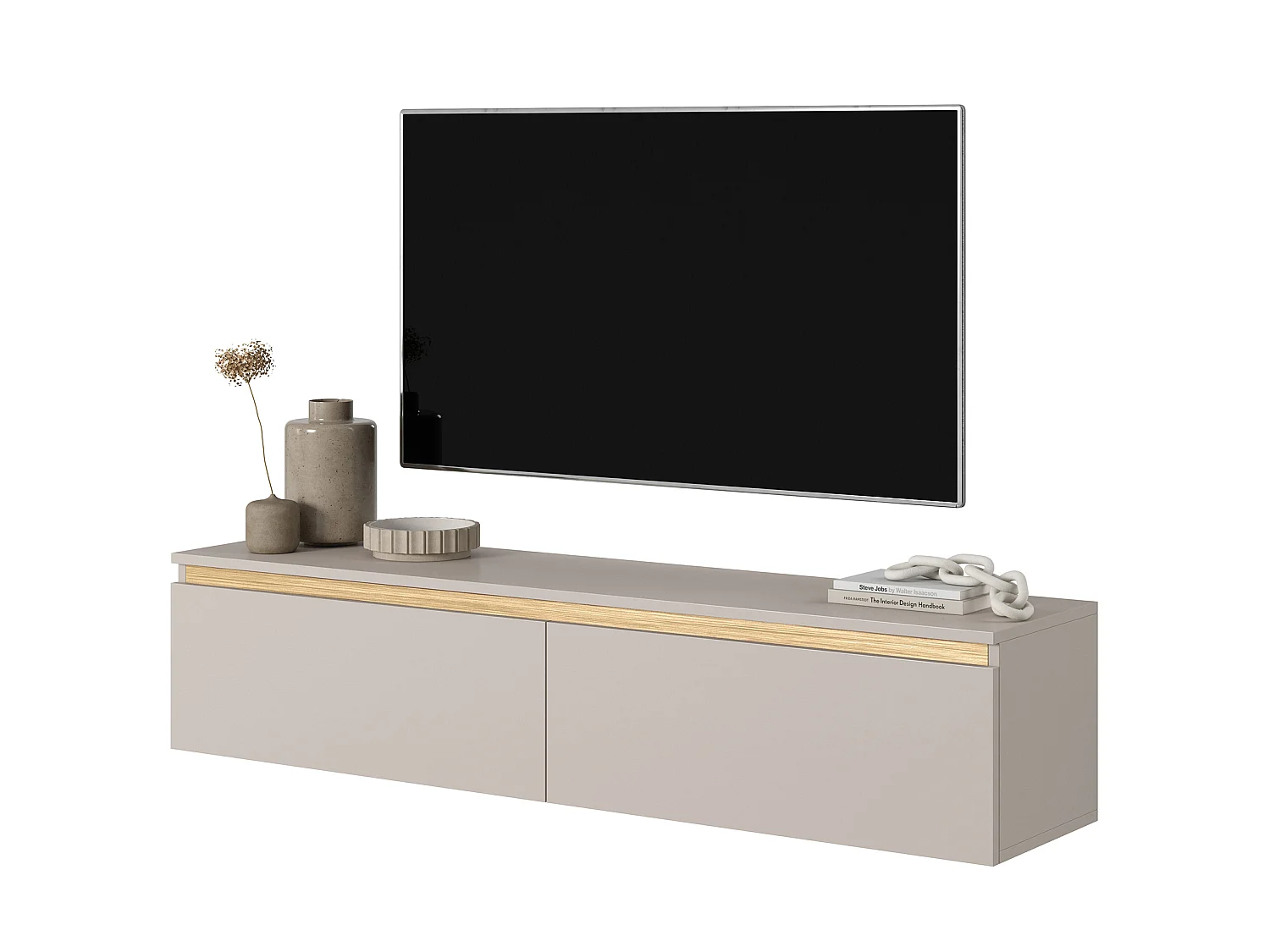 Meuble TV - 140 cm - taupe (gris-beige) avec garniture dorée - Seney