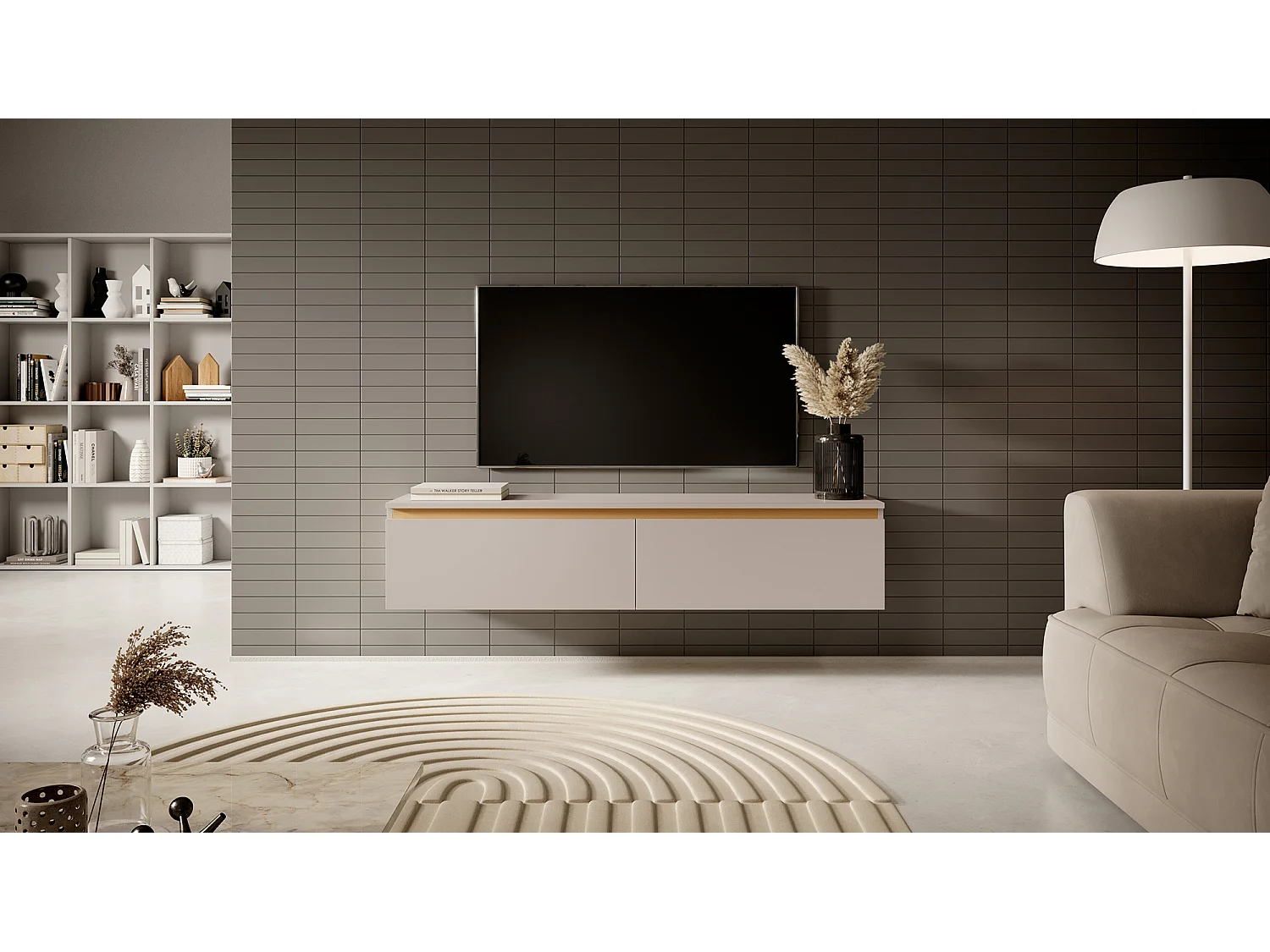 Meuble TV - 140 cm - taupe (gris-beige) avec garniture dorée - Seney