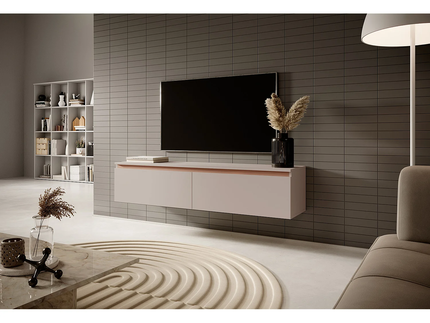 Meuble TV - 140 cm - taupe (gris-beige) avec garniture dorée - Seney