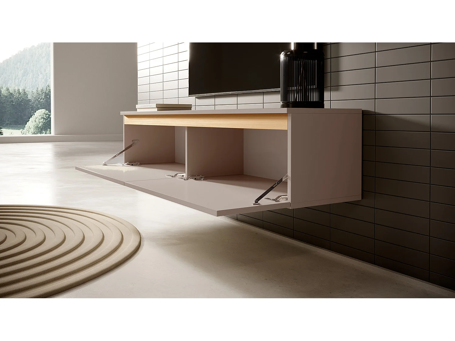 Meuble TV - 140 cm - taupe (gris-beige) avec garniture dorée - Seney