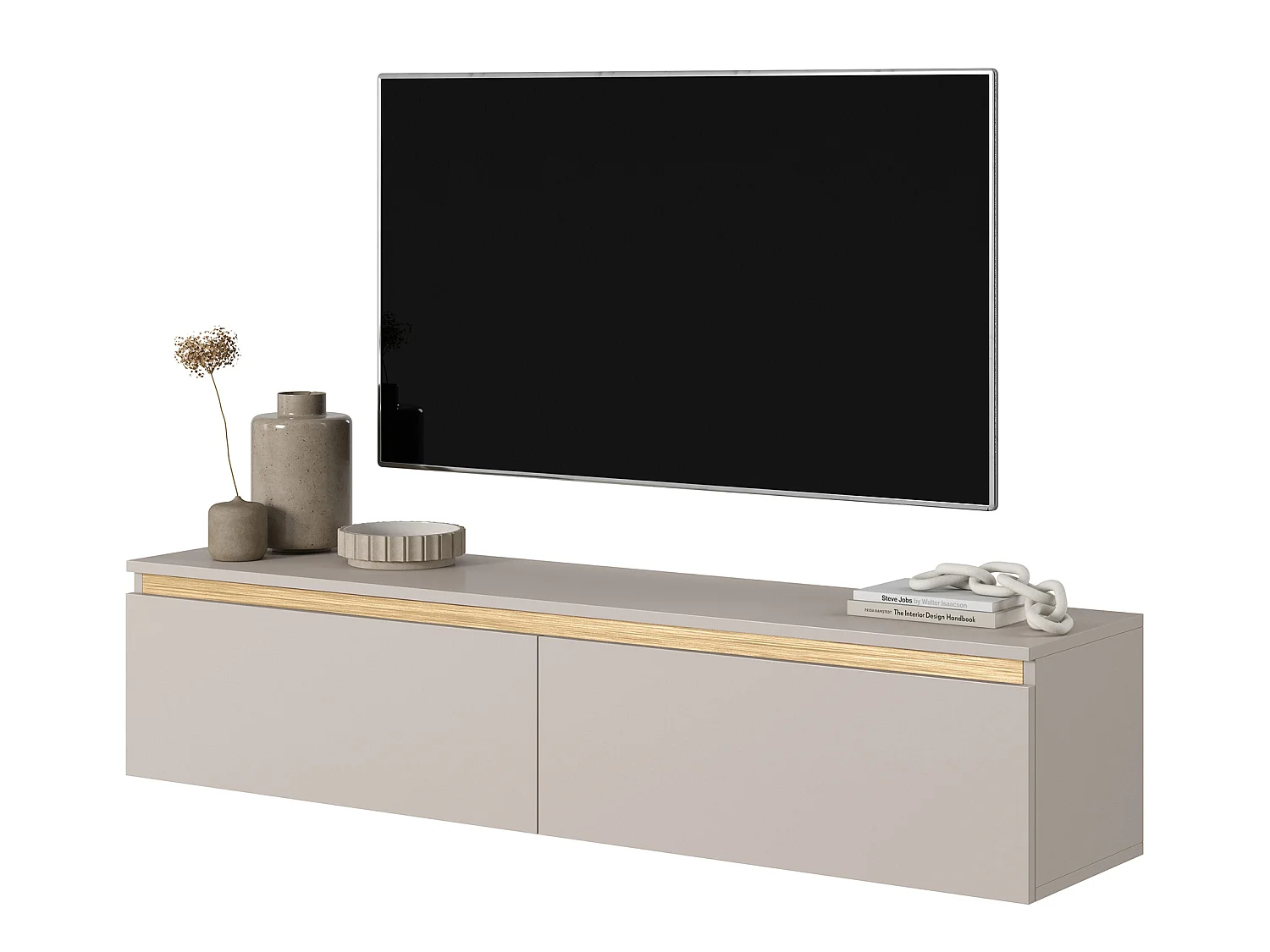Meuble TV - 140 cm - taupe (gris-beige) avec garniture dorée - Seney