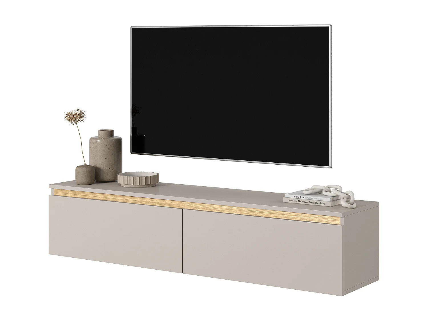 Meuble TV - 140 cm - taupe (gris-beige) avec garniture dorée - Seney