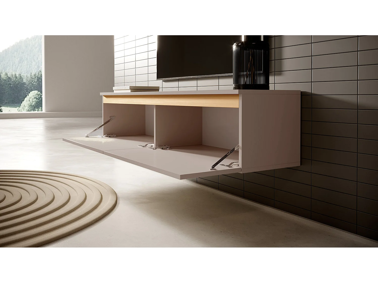 Meuble TV - 140 cm - taupe (gris-beige) avec garniture dorée - Seney