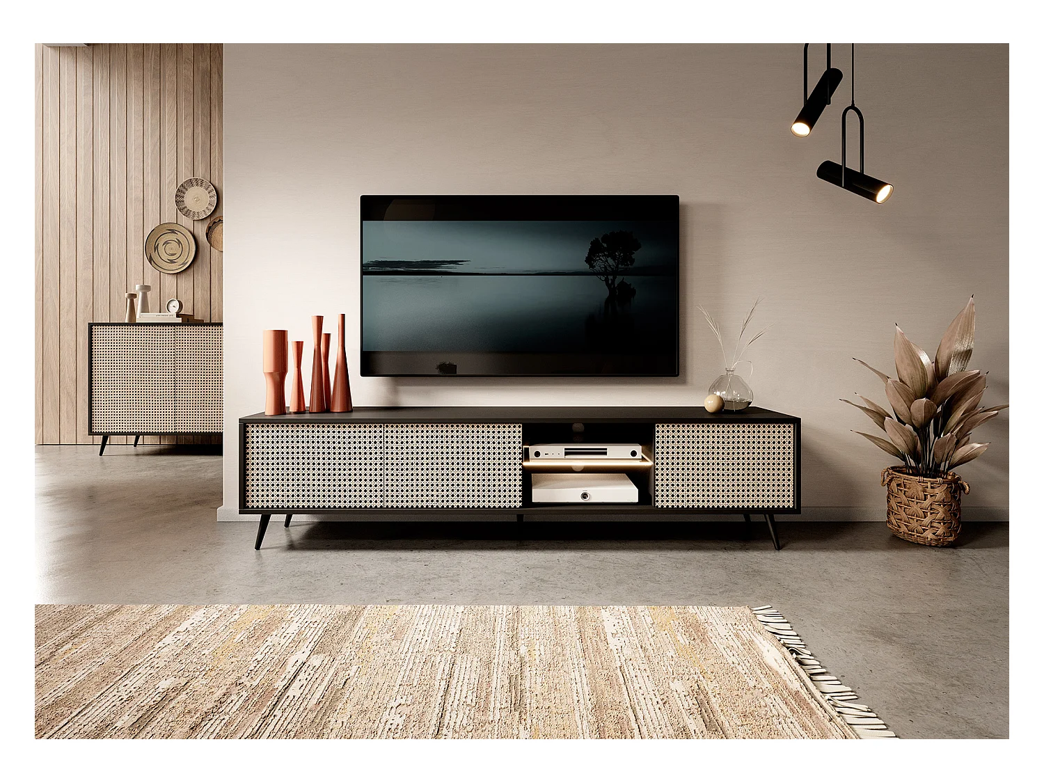 Meuble TV - 175 cm - motif du tressage viennois, pieds noirs - Bello
