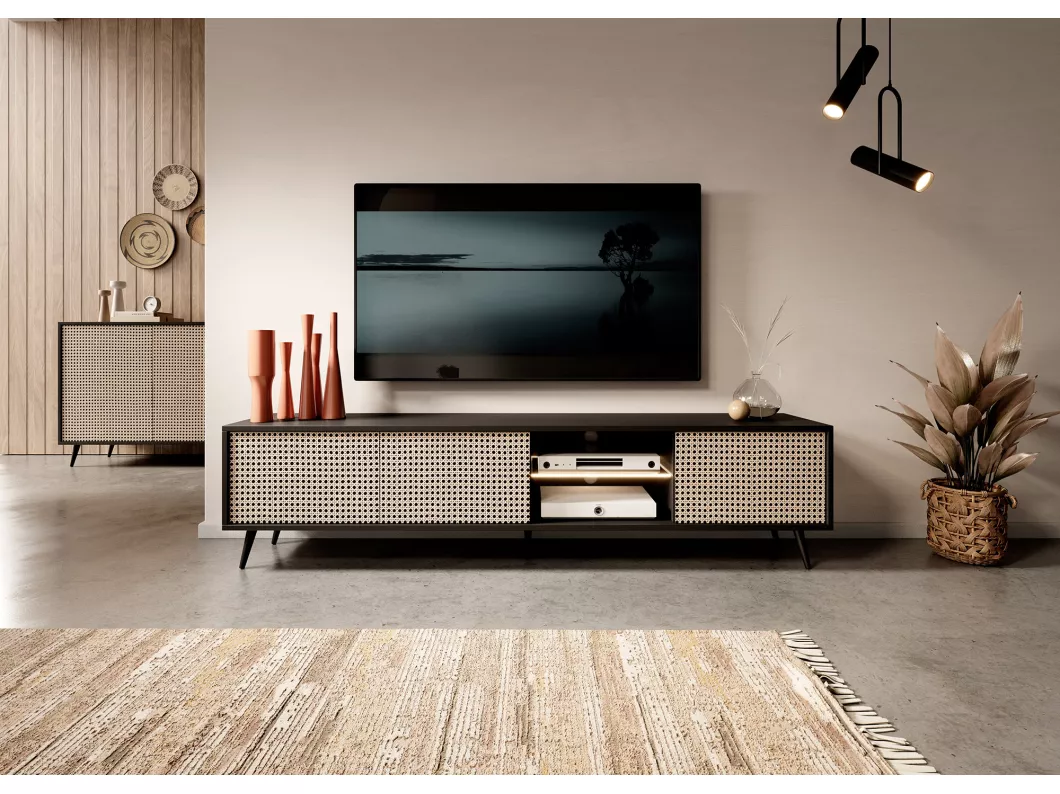 Kauf Unique TV-Lowboard, Schwarz mit Wiener Geflecht Optik, 175 cm - Bello