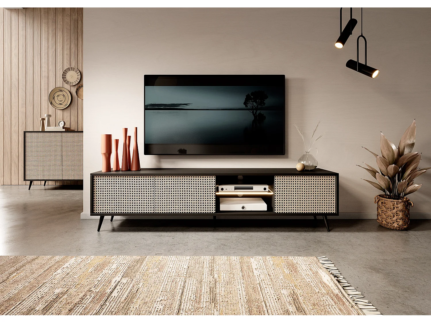 Meuble TV - 175 cm - motif du tressage viennois, pieds noirs - Bello