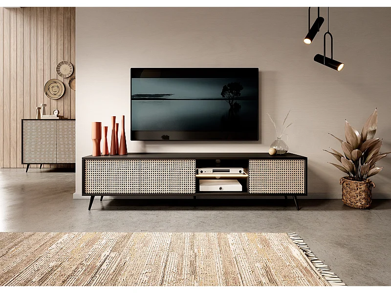 Meuble TV - 175 cm - motif du tressage viennois, pieds noirs - Bello