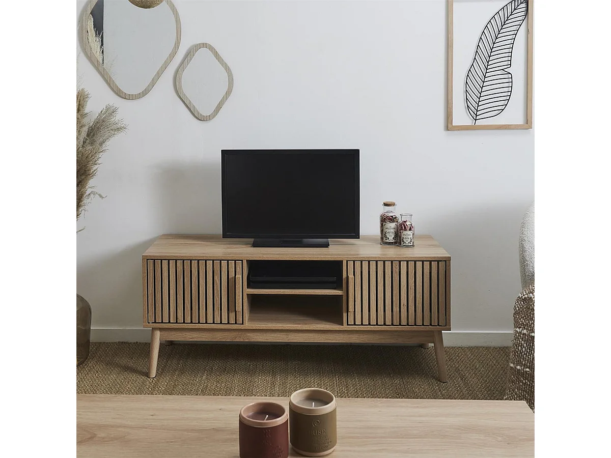PAJAN - Meuble TV 2 Portes Effet Bois avec Tasseaux