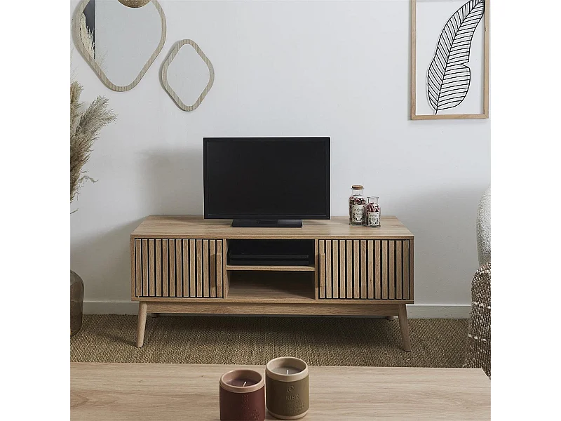 PAJAN - Meuble TV 2 Portes Effet Bois avec Tasseaux