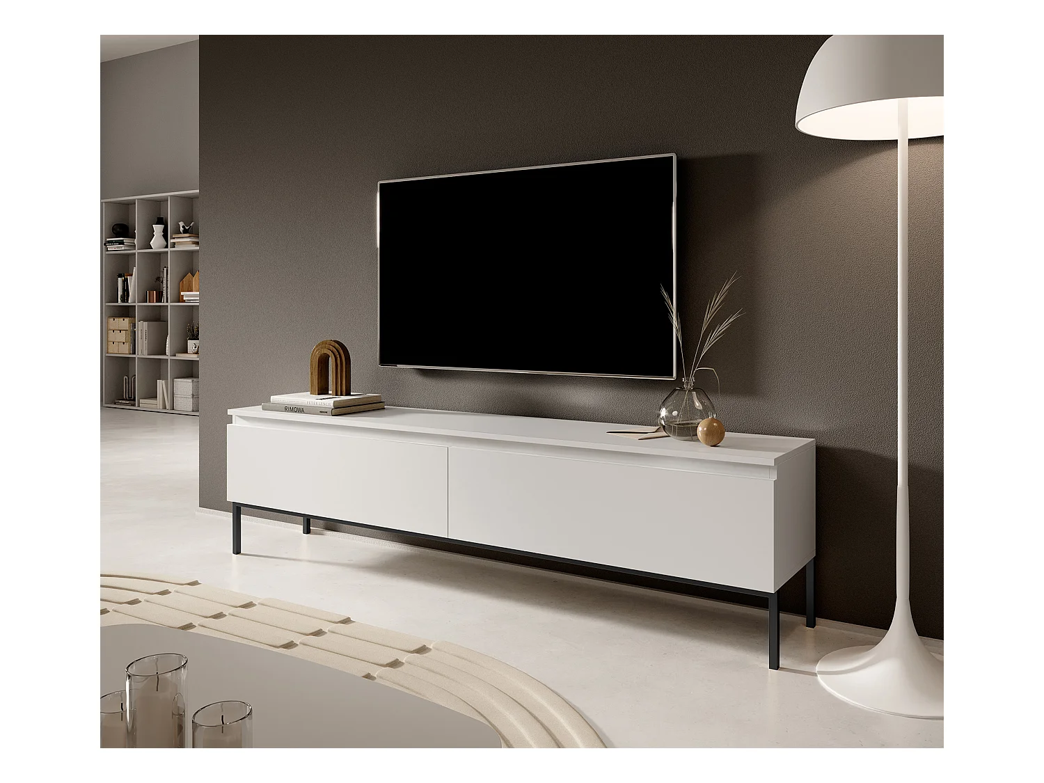 Meuble TV - 175 cm - blanc et pieds noirs - Bemmi