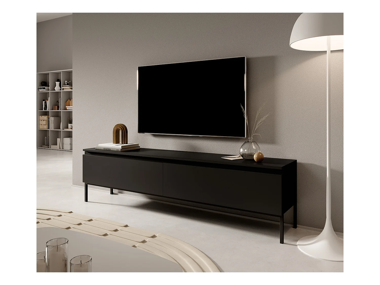 Meuble TV - 175 cm - noir et pieds noirs - Bemmi