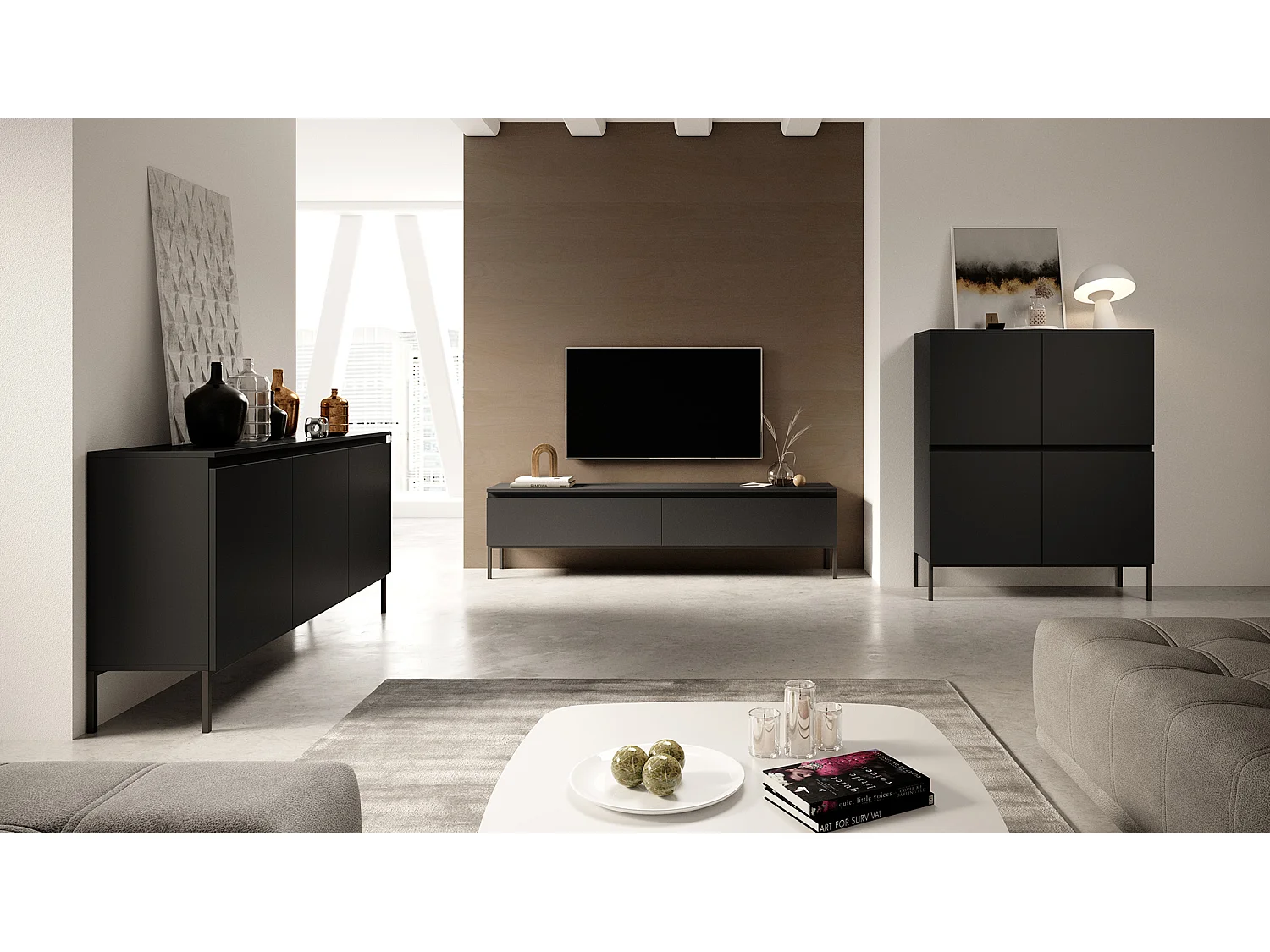 TV-Schrank - 175 cm - schwarz mit schwarzen Beinen - Bemmi