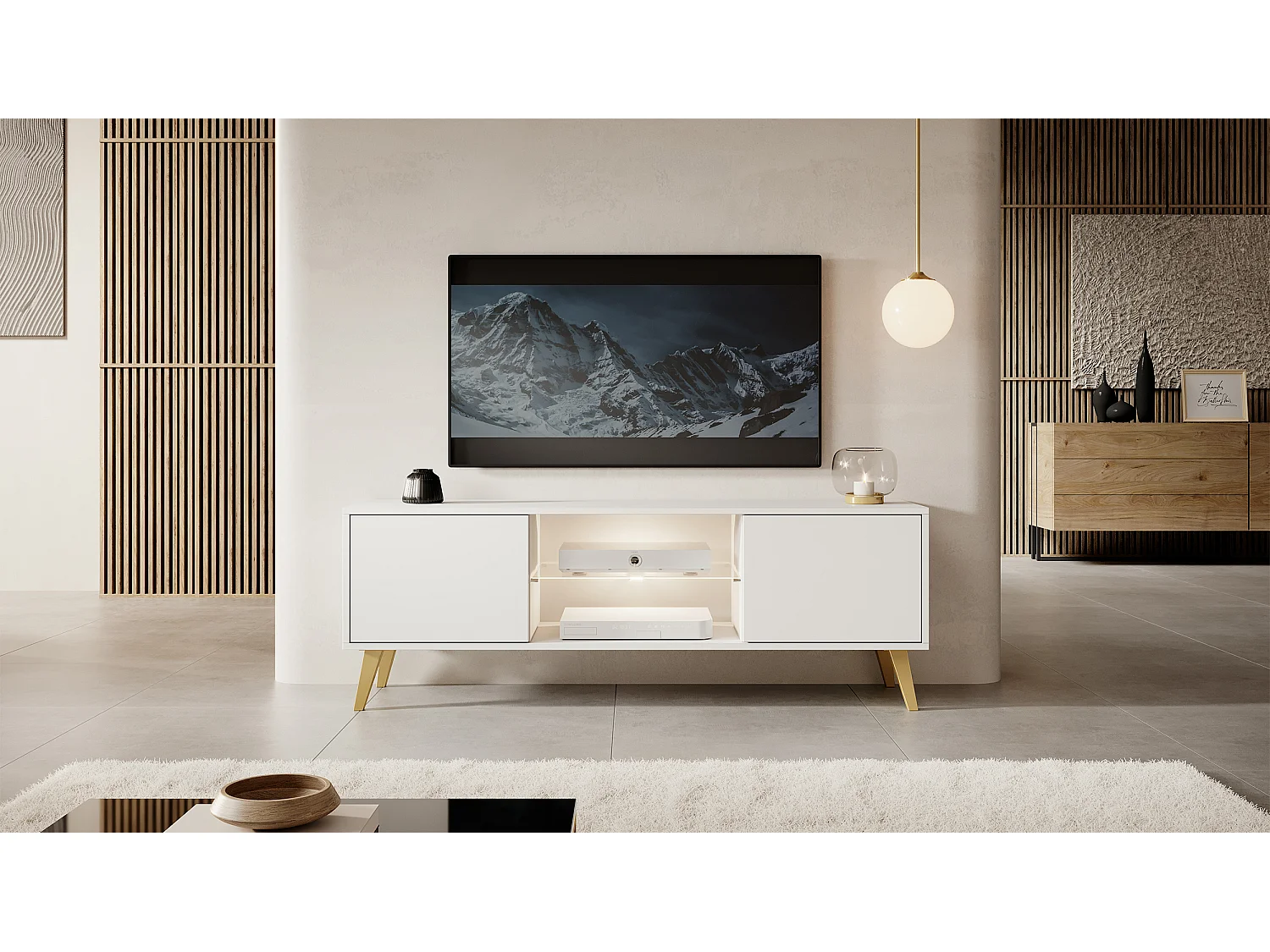 Meuble TV - 140 cm - blanc avec pieds dorés - Savoni II