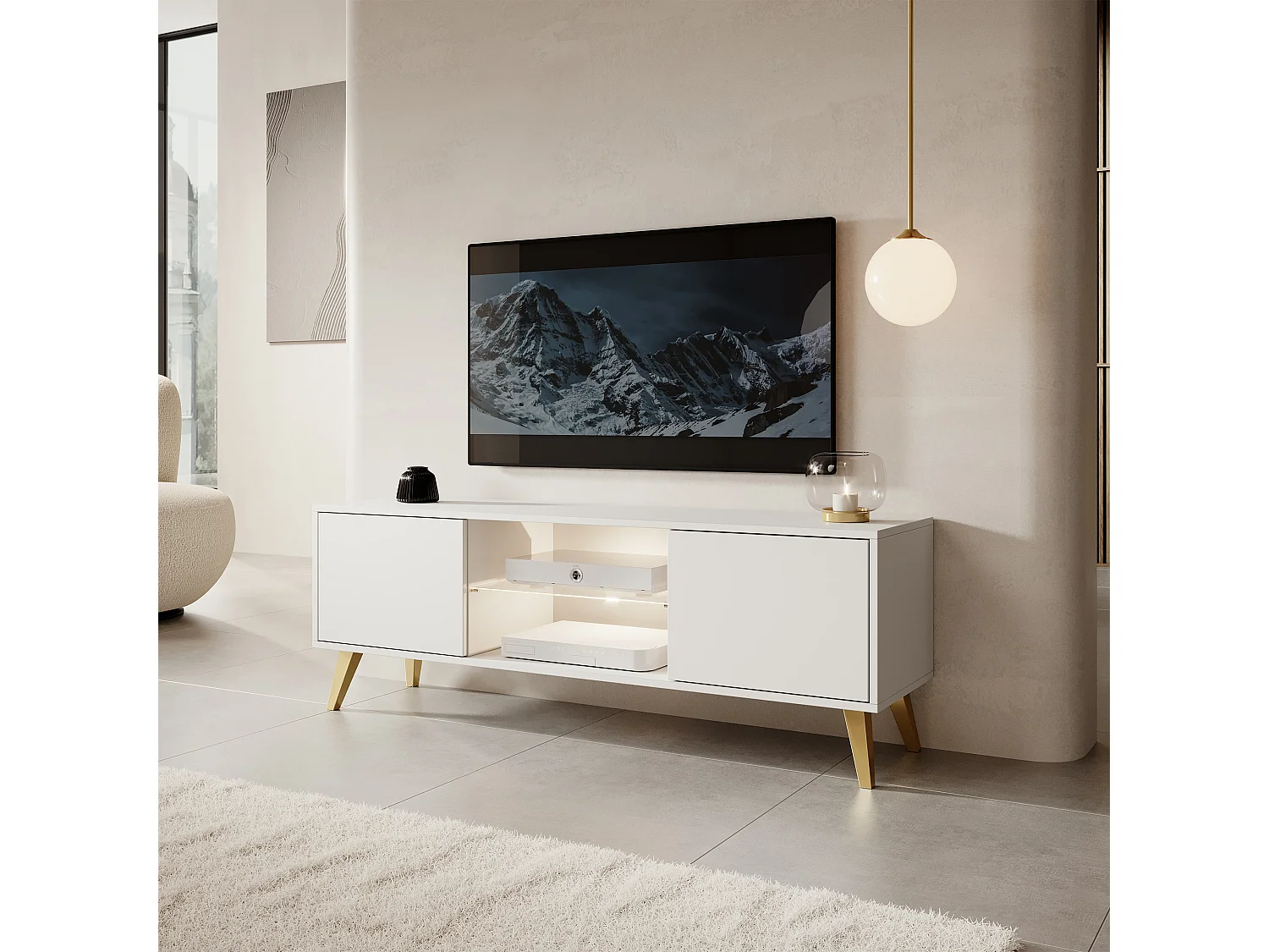 Meuble TV - 140 cm - blanc avec pieds dorés - Savoni II