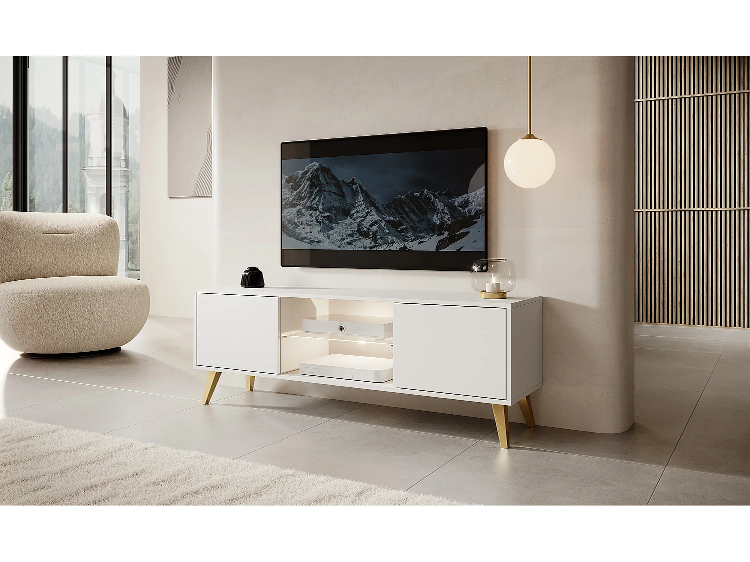 Meuble TV - 140 cm - blanc avec pieds dorés - Savoni II