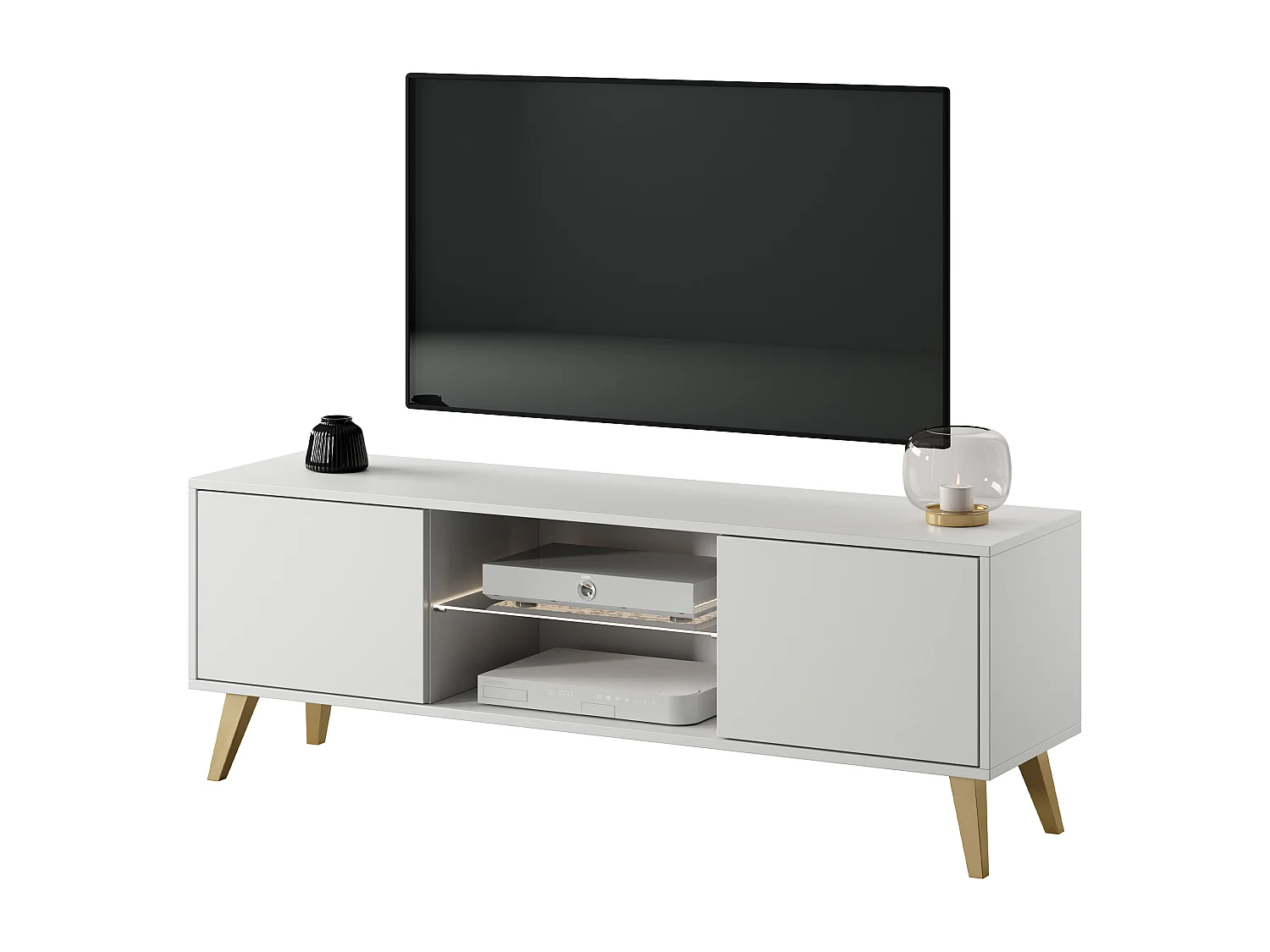 Meuble TV - 140 cm - blanc avec pieds dorés - Savoni II