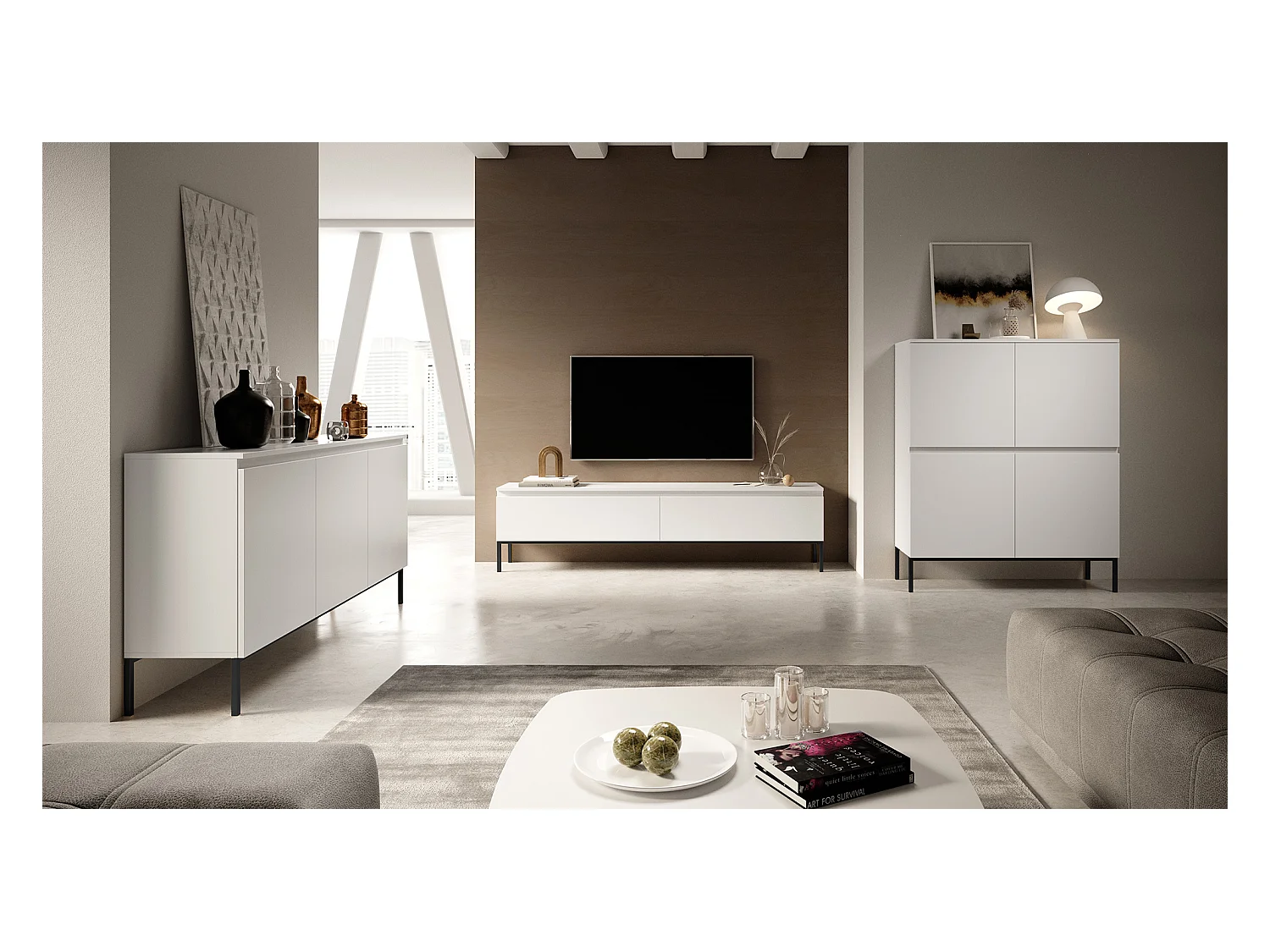 Meuble TV - 150 cm - blanc et pieds noirs - Bemmi