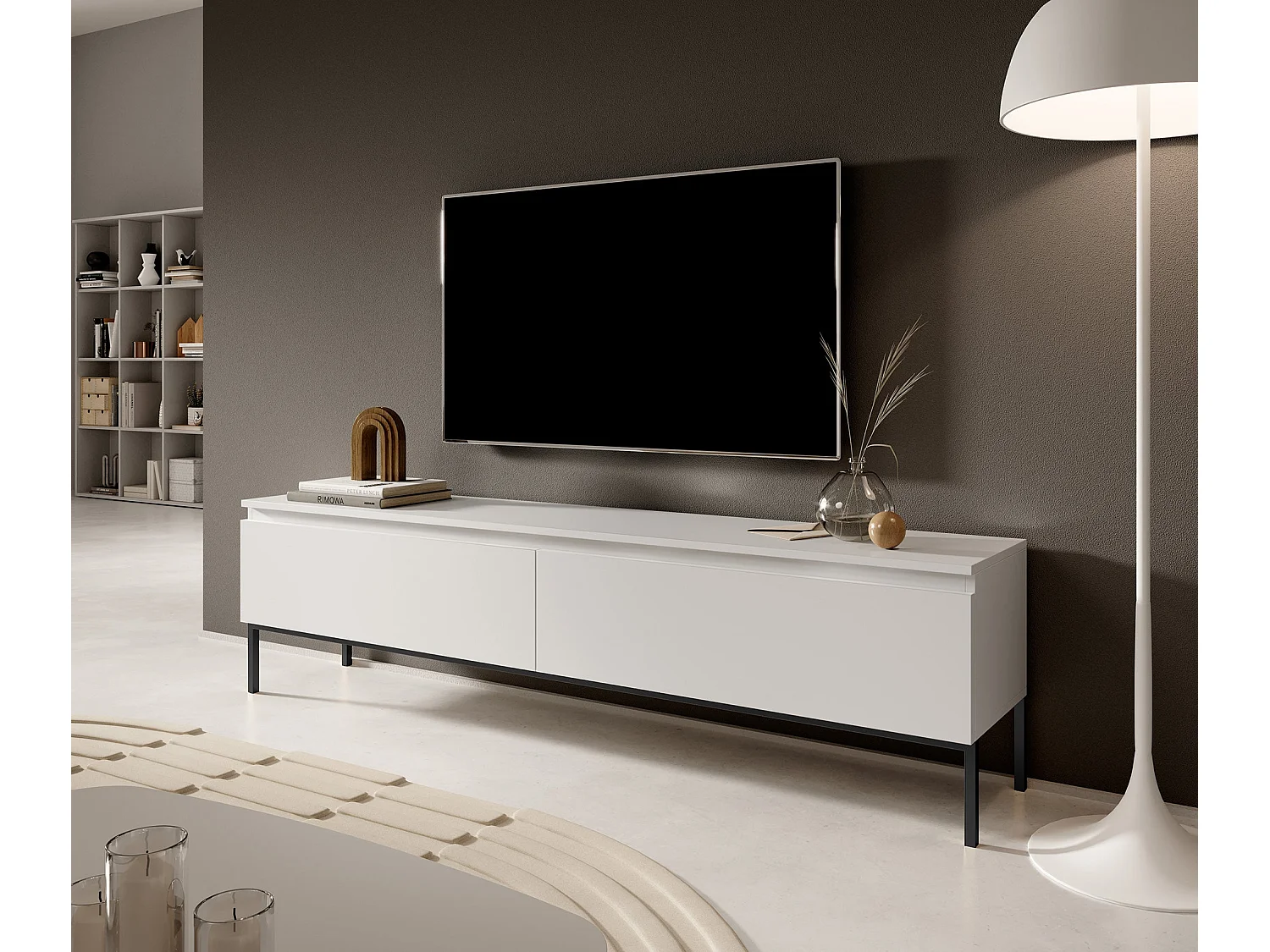 Meuble TV - 150 cm - blanc et pieds noirs - Bemmi