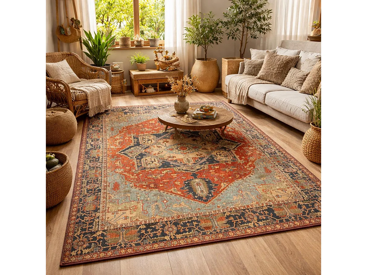 Tapis oriental 200x290 rectangle rouge et bleu tissé motif ancestral ONATA 1