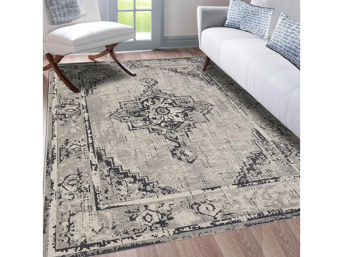 Tapis oriental 120x170 rectangle gris tissé motif ancestral NITOU 5