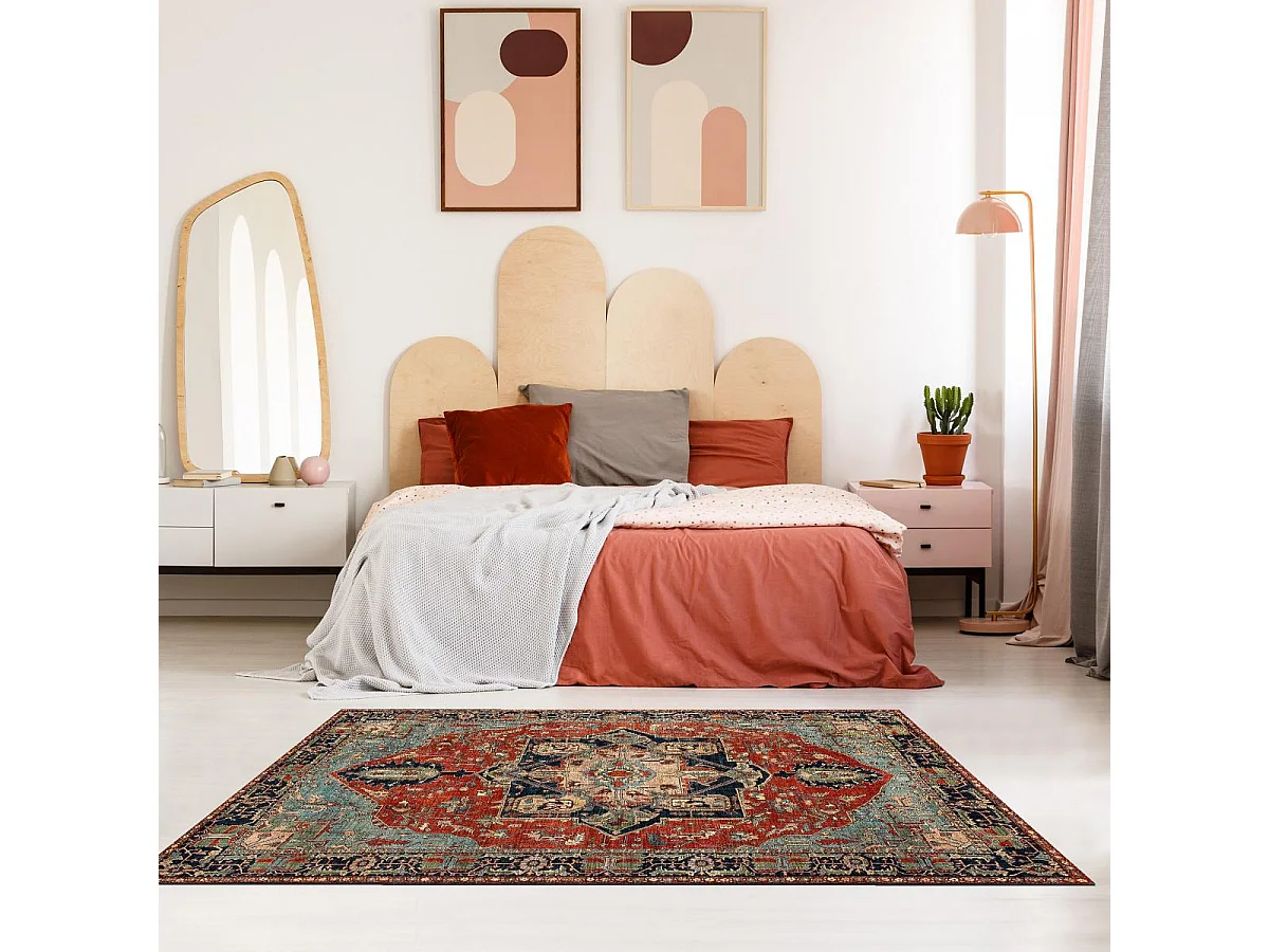 Tapis oriental 160x230 rectangle rouge et bleu tissé motif ancestral ONATA 1