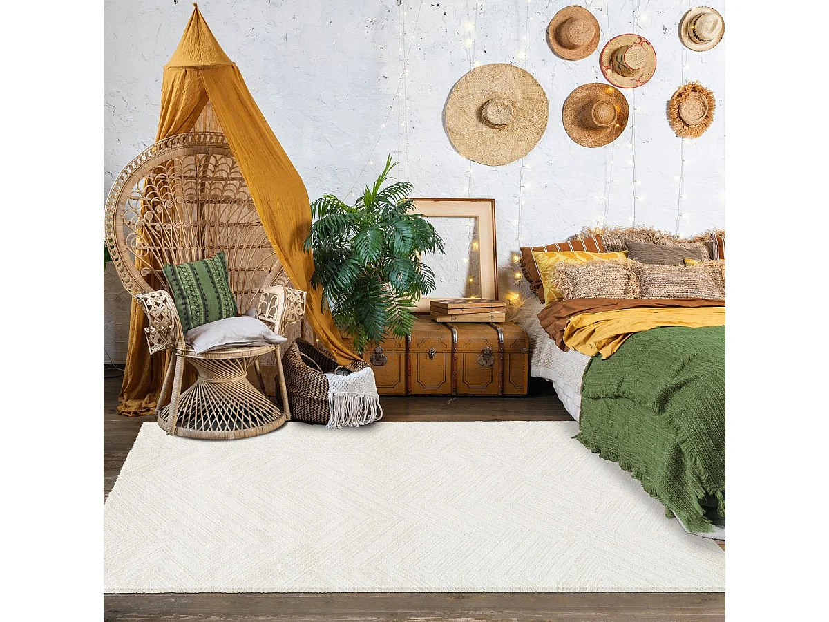 tapis salon 160x230 tissé blanc cassé rectangle motif faux uni NAFO 1