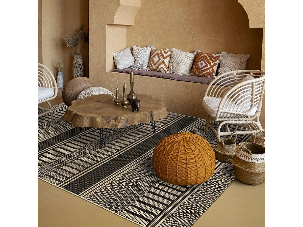 Tapis kilim 200x290 rectangle tissé noir et beige motif ethnique LONA 1