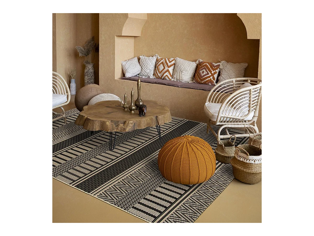 Tapis kilim 200x290 rectangle tissé noir et beige motif ethnique LONA 1
