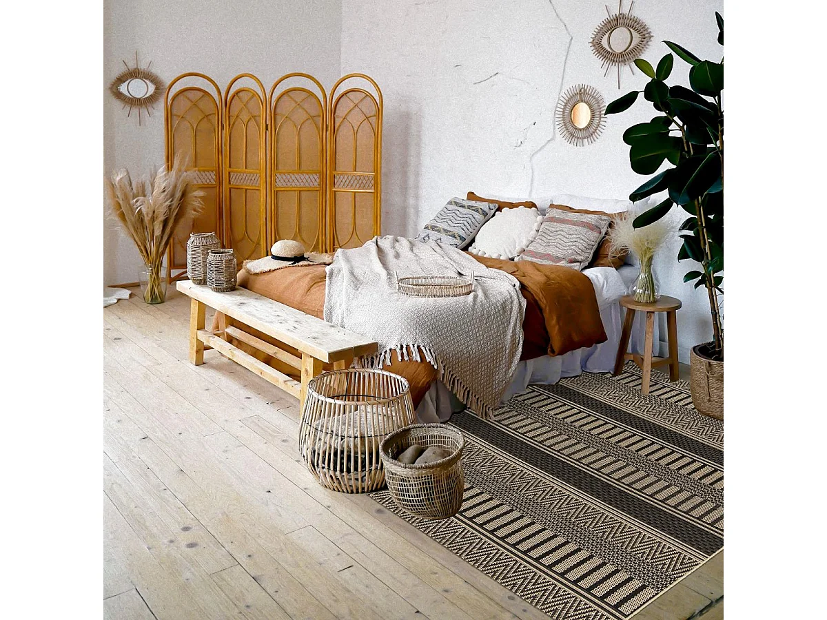 Tapis kilim 200x290 rectangle tissé noir et beige motif ethnique LONA 1