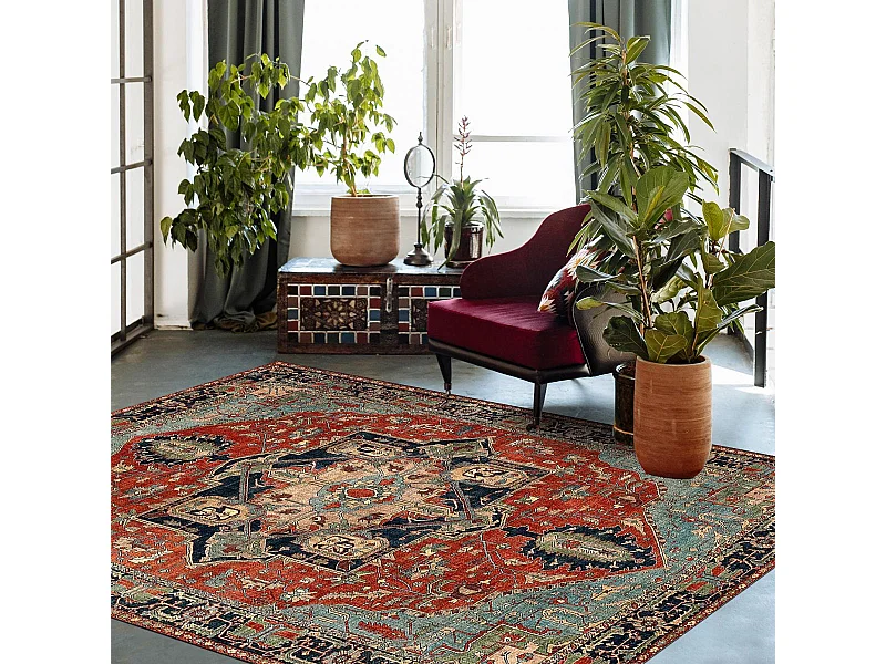 Tapis oriental 120x160 rectangle rouge et bleu tissé motif ancestral ONATA 1
