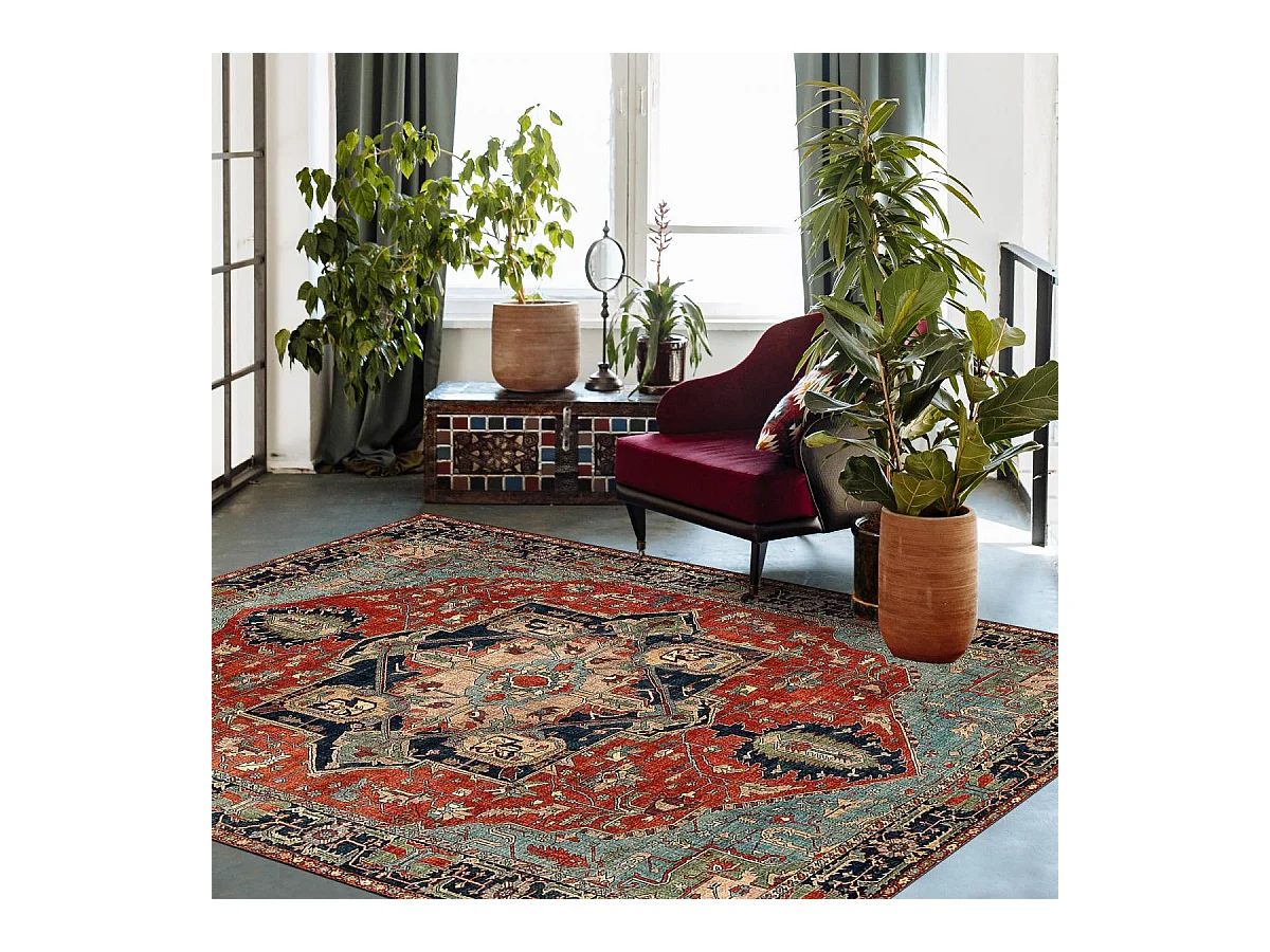 Tapis oriental 120x160 rectangle rouge et bleu tissé motif ancestral ONATA 1