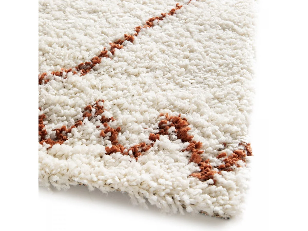 Tapis longs poils shaggy 80x150 rectangle tissé crème motif berbère HINOU