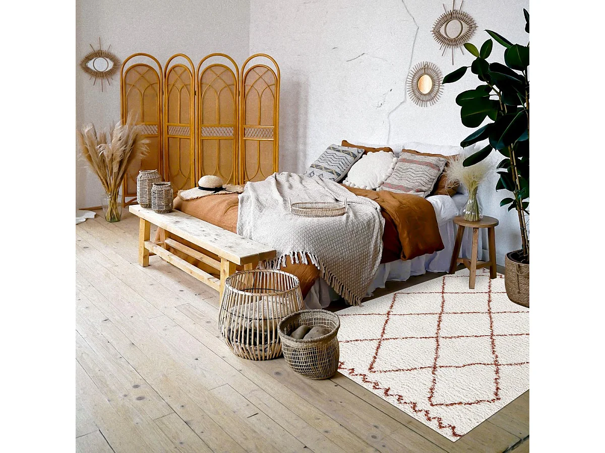 Tapis longs poils shaggy 80x150 rectangle tissé crème motif berbère HINOU