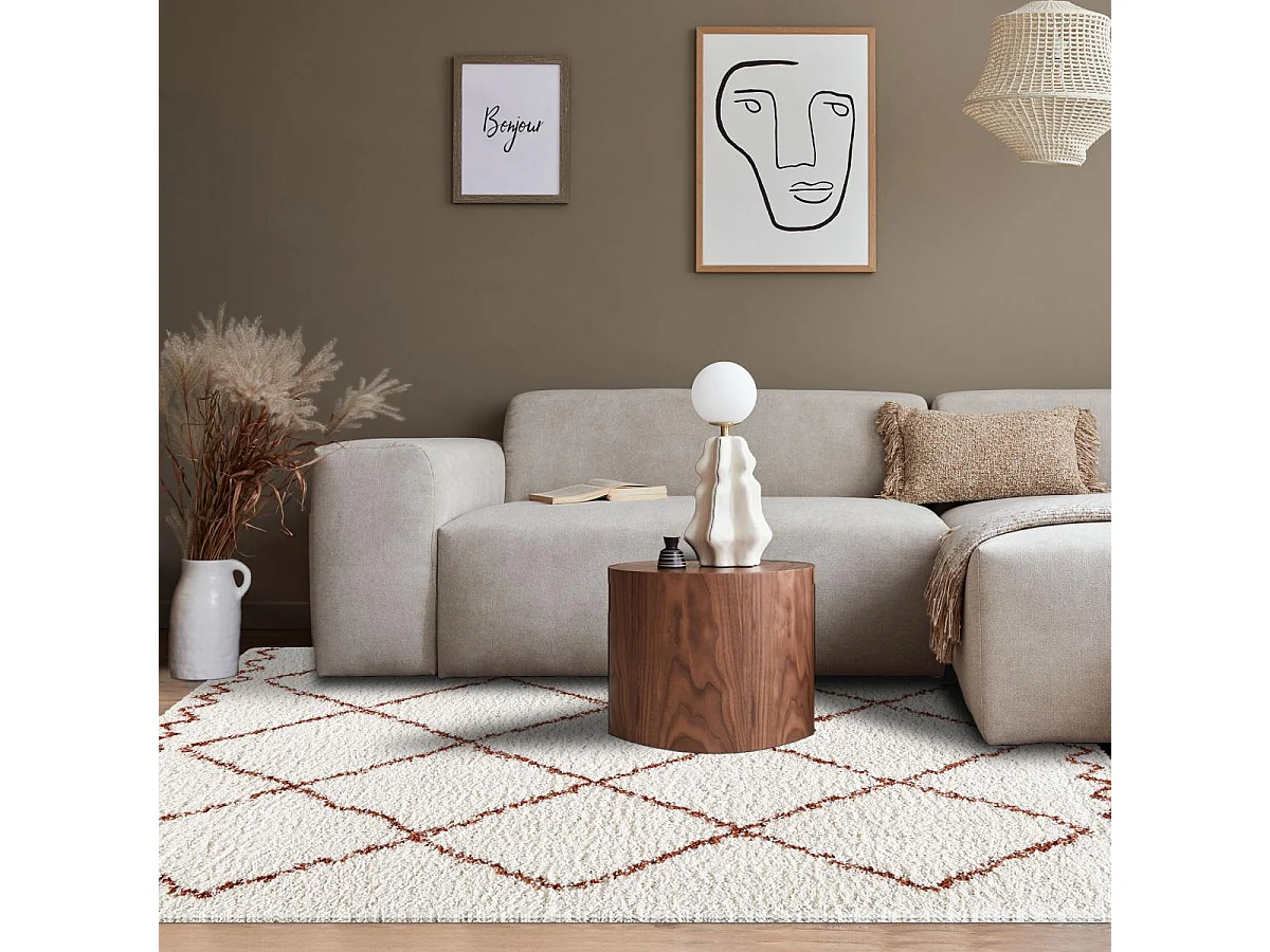 Tapis longs poils shaggy 80x150 rectangle tissé crème motif berbère HINOU