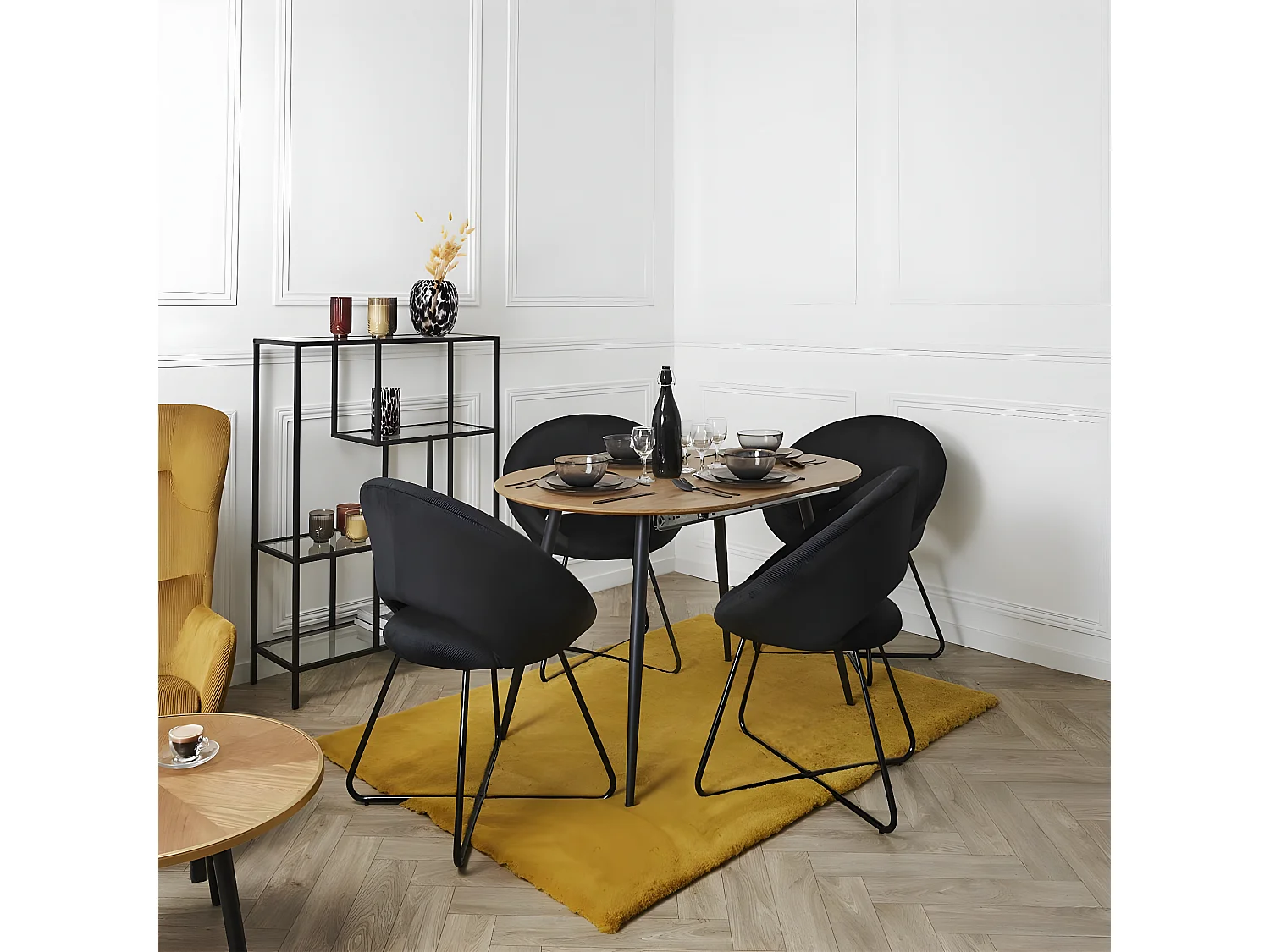 TENSO - Pack Table Allongeable Effet Bois + 4 Fauteuils Velours Côtelé Noir Konae