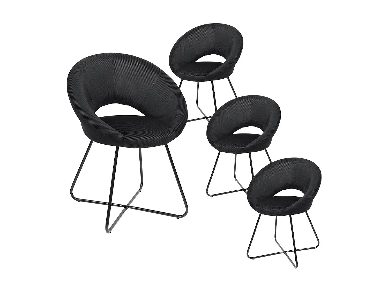 TENSO - Pack Table Allongeable Effet Bois + 4 Fauteuils Velours Côtelé Noir Konae