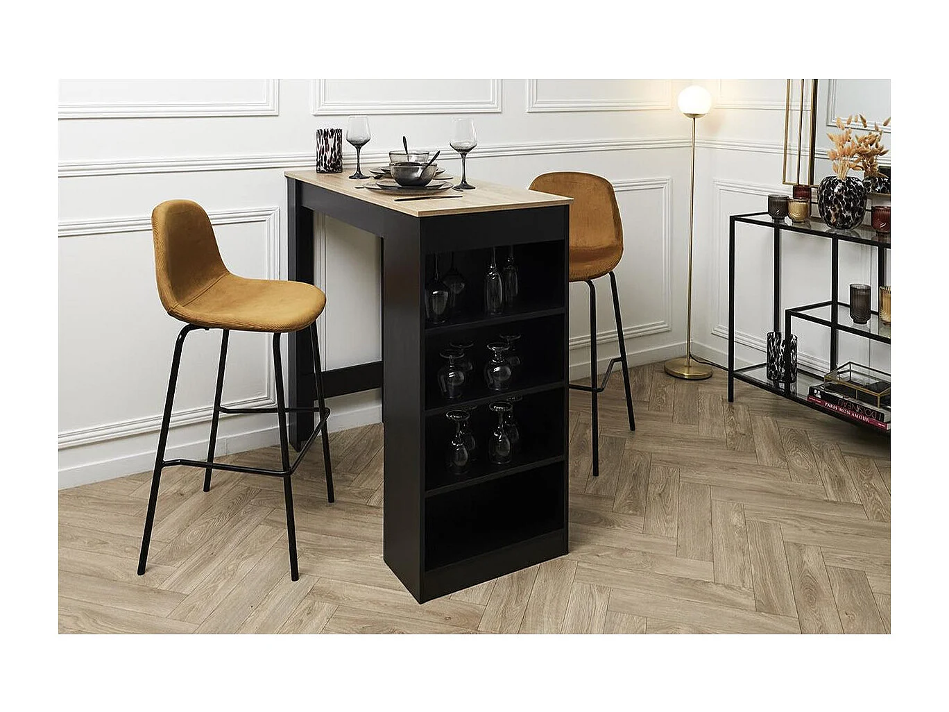 KANPE - Ensemble Table de Bar avec Etagères + 2 Tabourets Velours Côtelé Ocre Konae