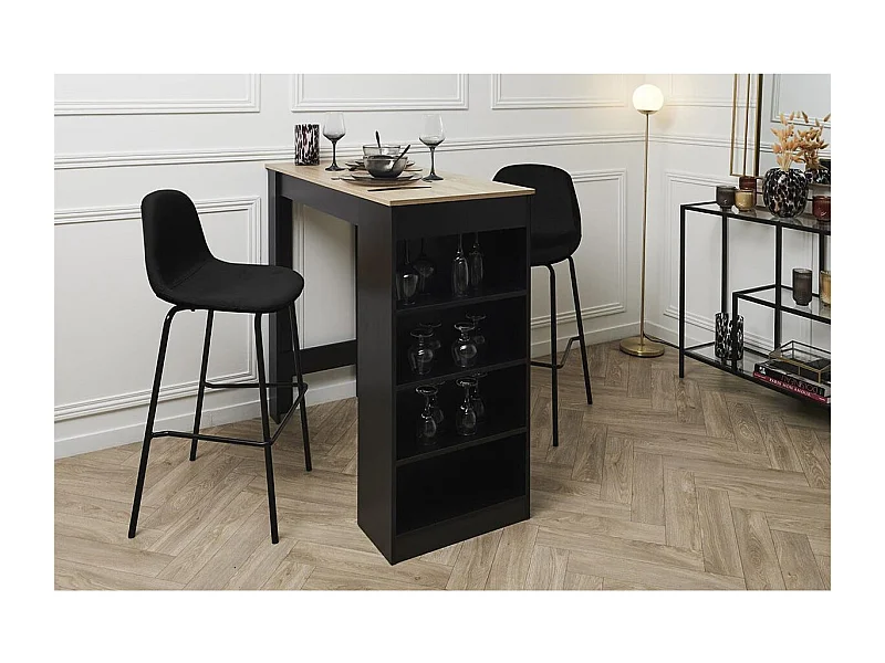 KANPE - Ensemble Table de Bar avec Etagères + 2 Tabourets Velours Côtelé Noir Konae
