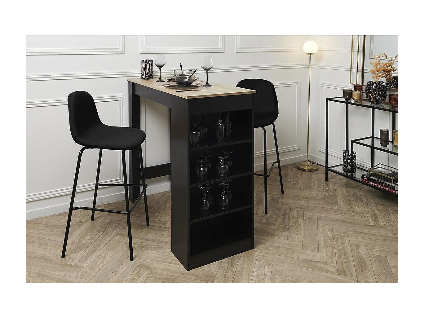 KANPE - Ensemble Table de Bar avec Etagères + 2 Tabourets Velours Côtelé Noir Konae