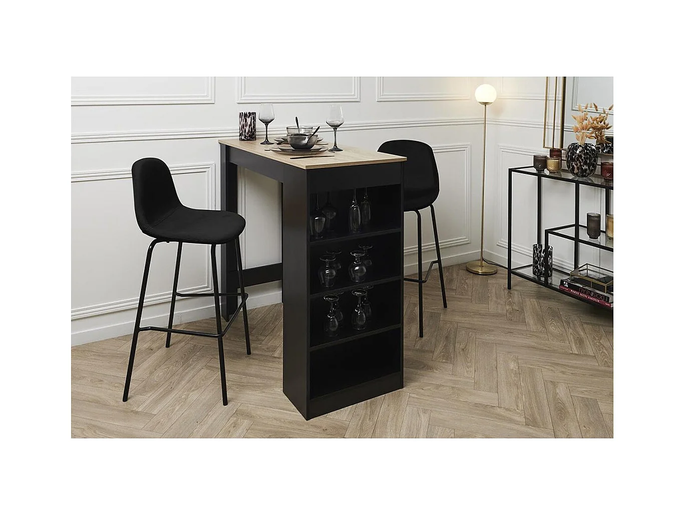 KANPE - Ensemble Table de Bar avec Etagères + 2 Tabourets Velours Côtelé Noir Konae