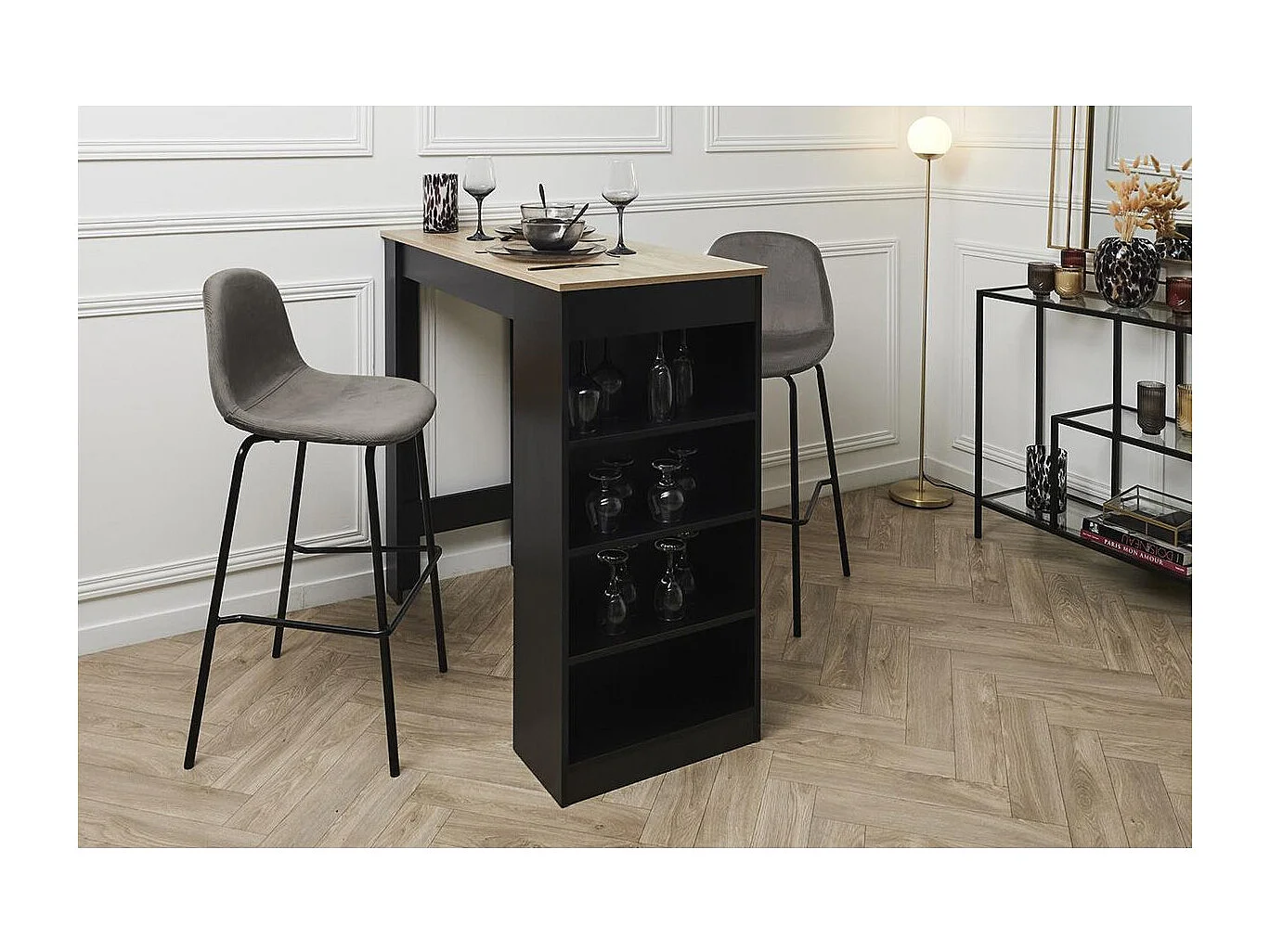 KANPE - Ensemble Table de Bar avec Etagères + 2 Tabourets Velours Côtelé Gris Konae
