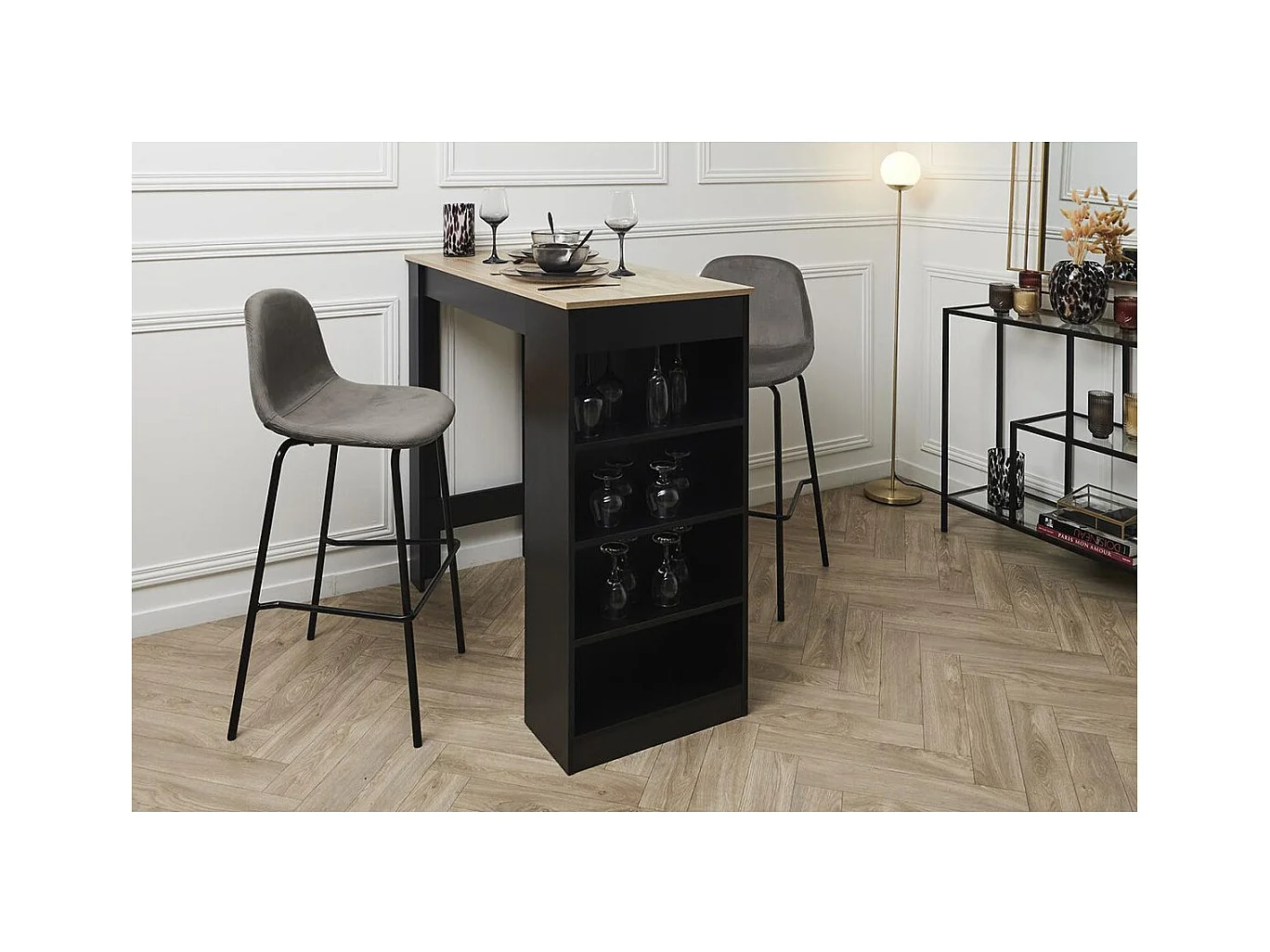 KANPE - Ensemble Table de Bar avec Etagères + 2 Tabourets Velours Côtelé Gris Konae