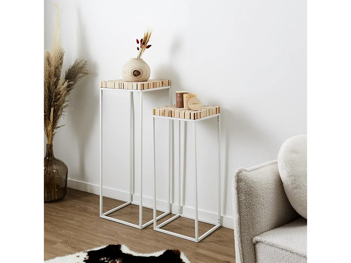 FREJ - Duo de Sellettes Gigognes Rondins de Bois et Métal Blanc