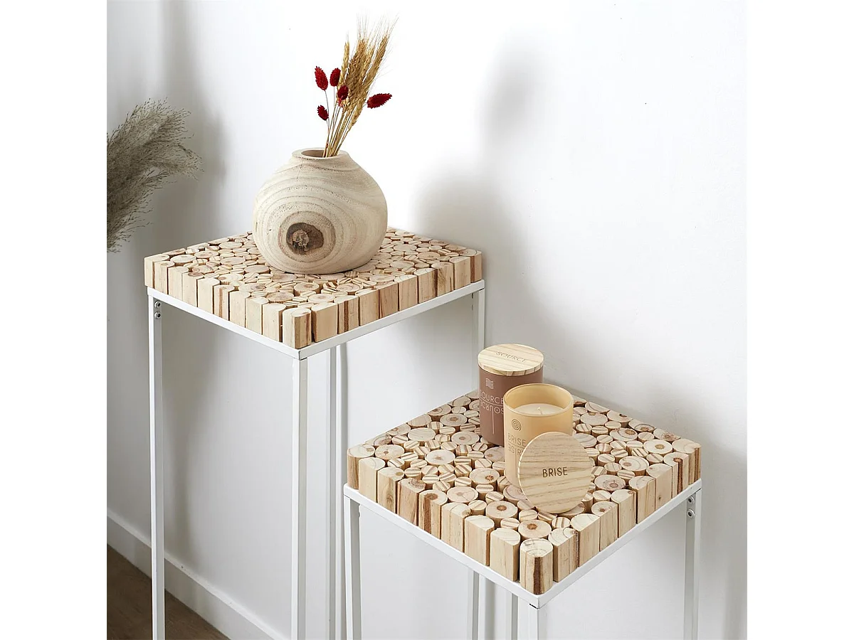 FREJ - Duo de Sellettes Gigognes Rondins de Bois et Métal Blanc