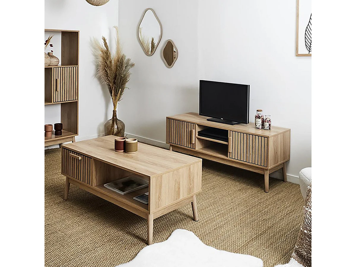 PAJAN - Ensemble Salon Effet Bois avec Tasseaux