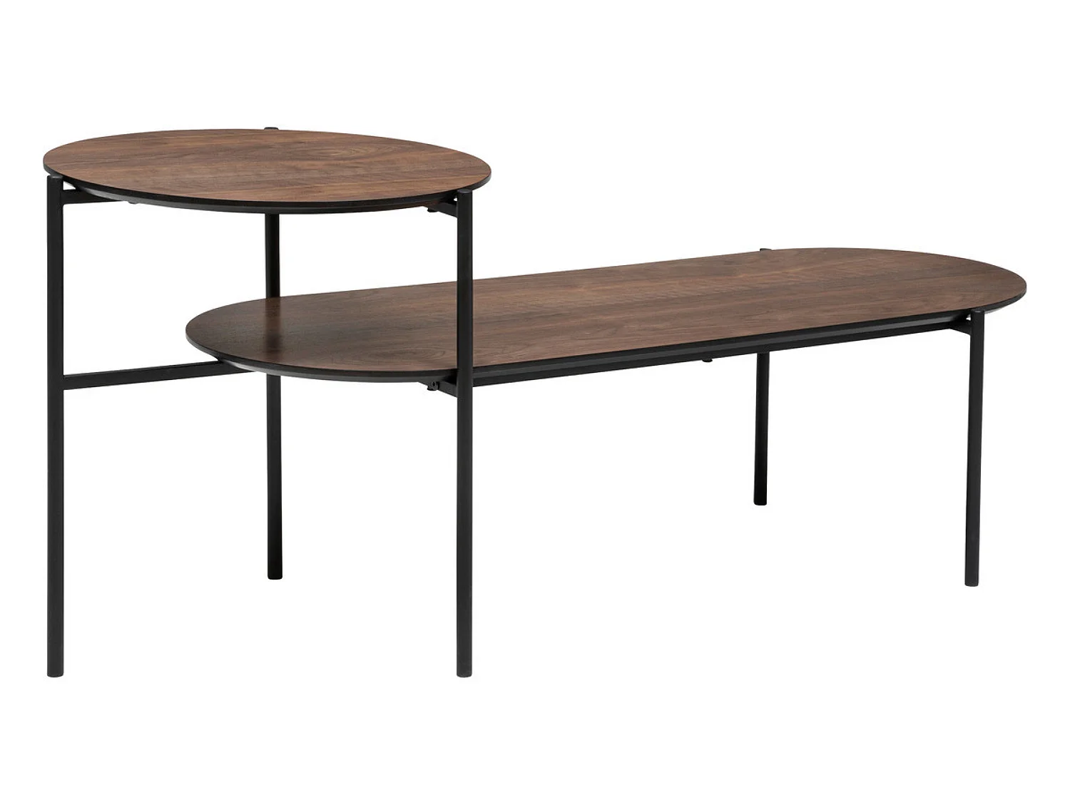 Table basse avec  2 niveaux en métal noir  et bois noyer - L. 118  x P. 43,2  x H. 48  cm